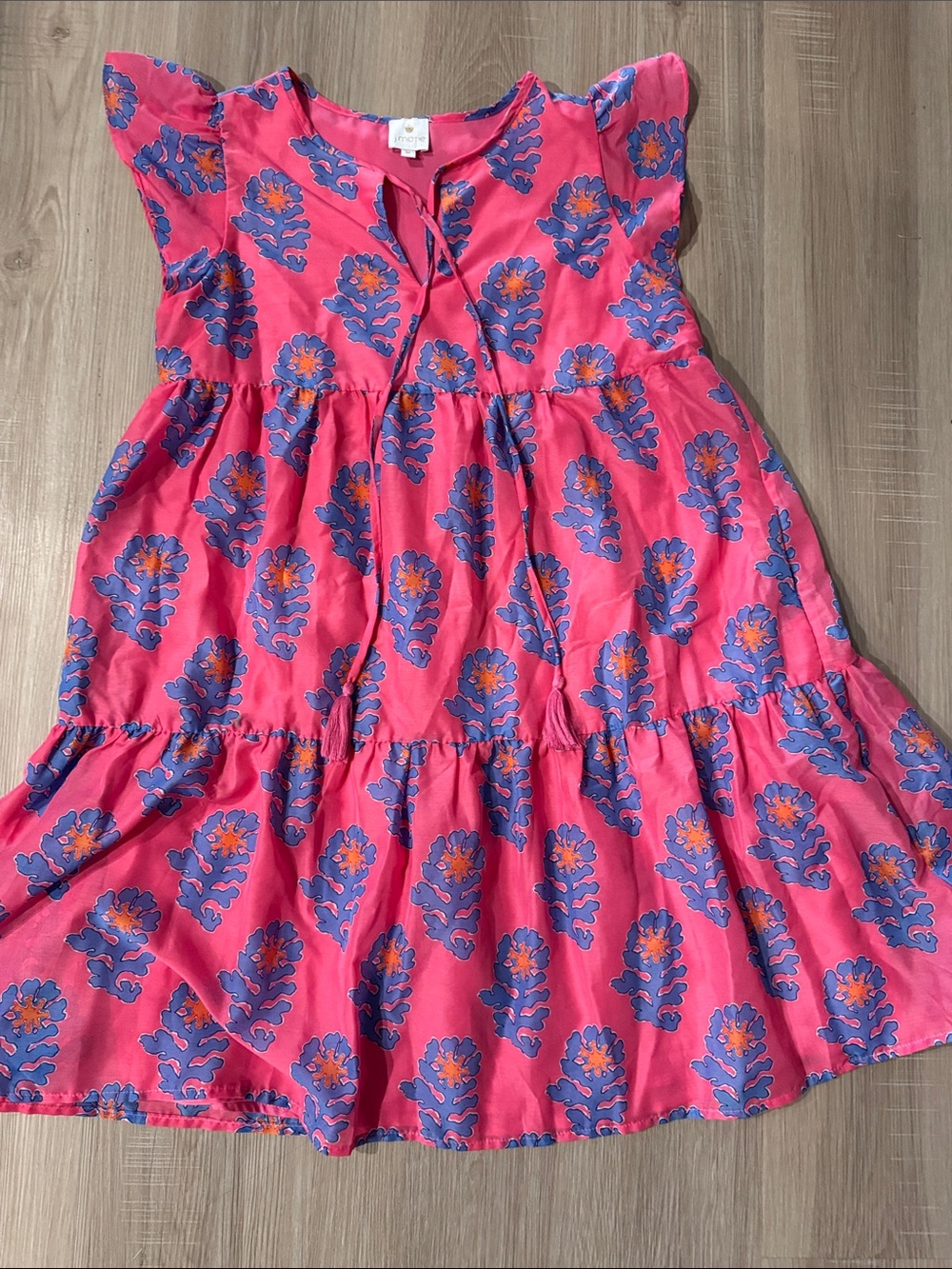 J Marie Piper Ruffle Floral Coral Tiered Mini Dress Tassel Preppy